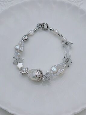 26B420 Handmade Freshwater Baroque Clear Quartz Bracelet 7”